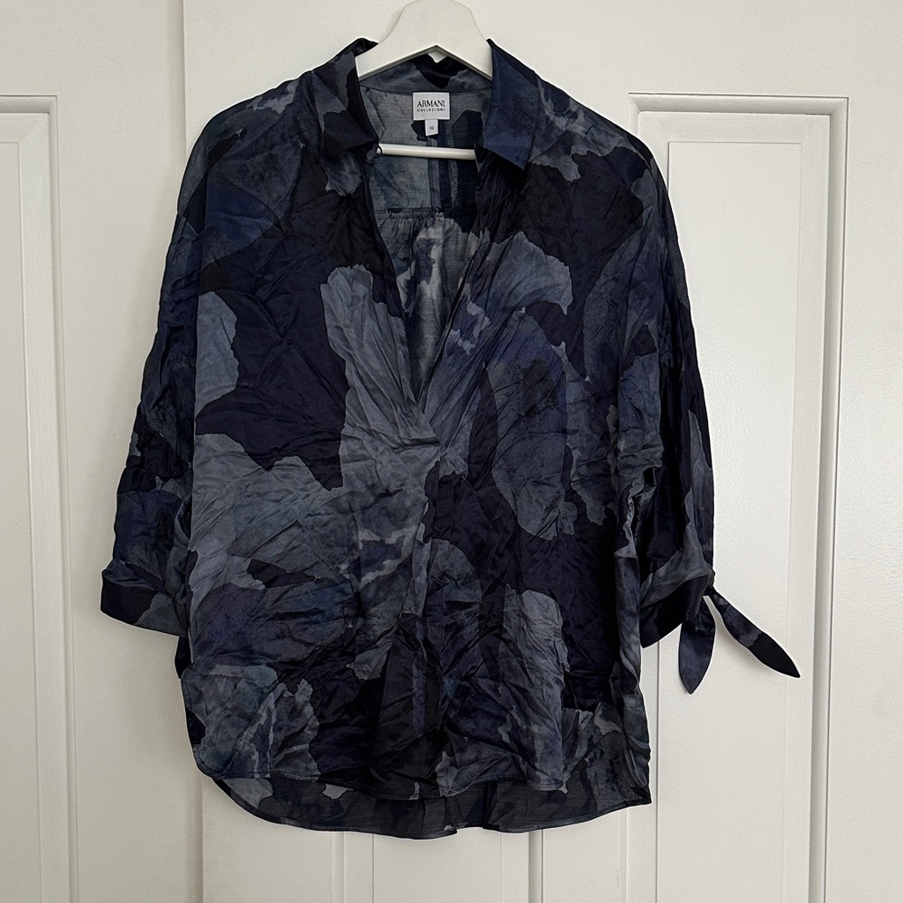 Armani Collezioni Blue Abstract Satin Blouse Size 10 | Split Neck, Tie Sleeve,